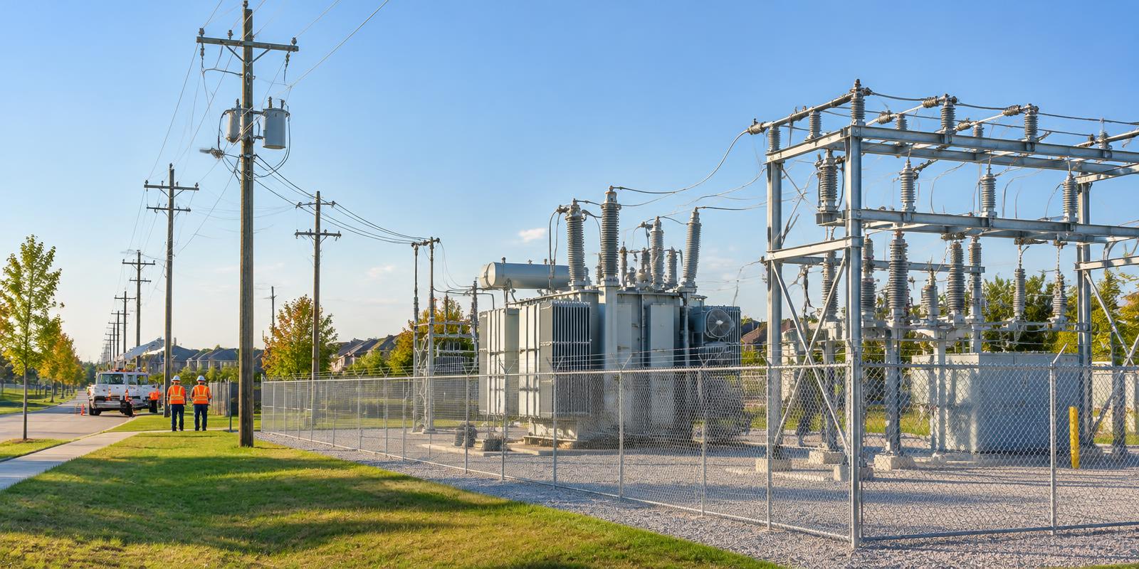 Electricity distribution substation and utility poles on a sunny day