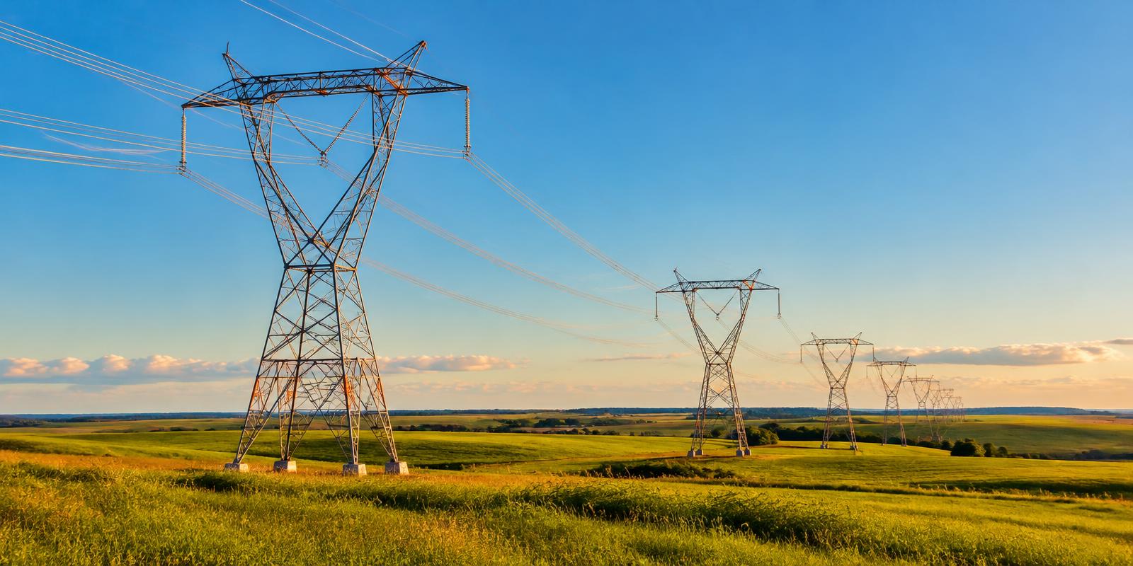 Electrical transmission towers across open prairie on a sunny day