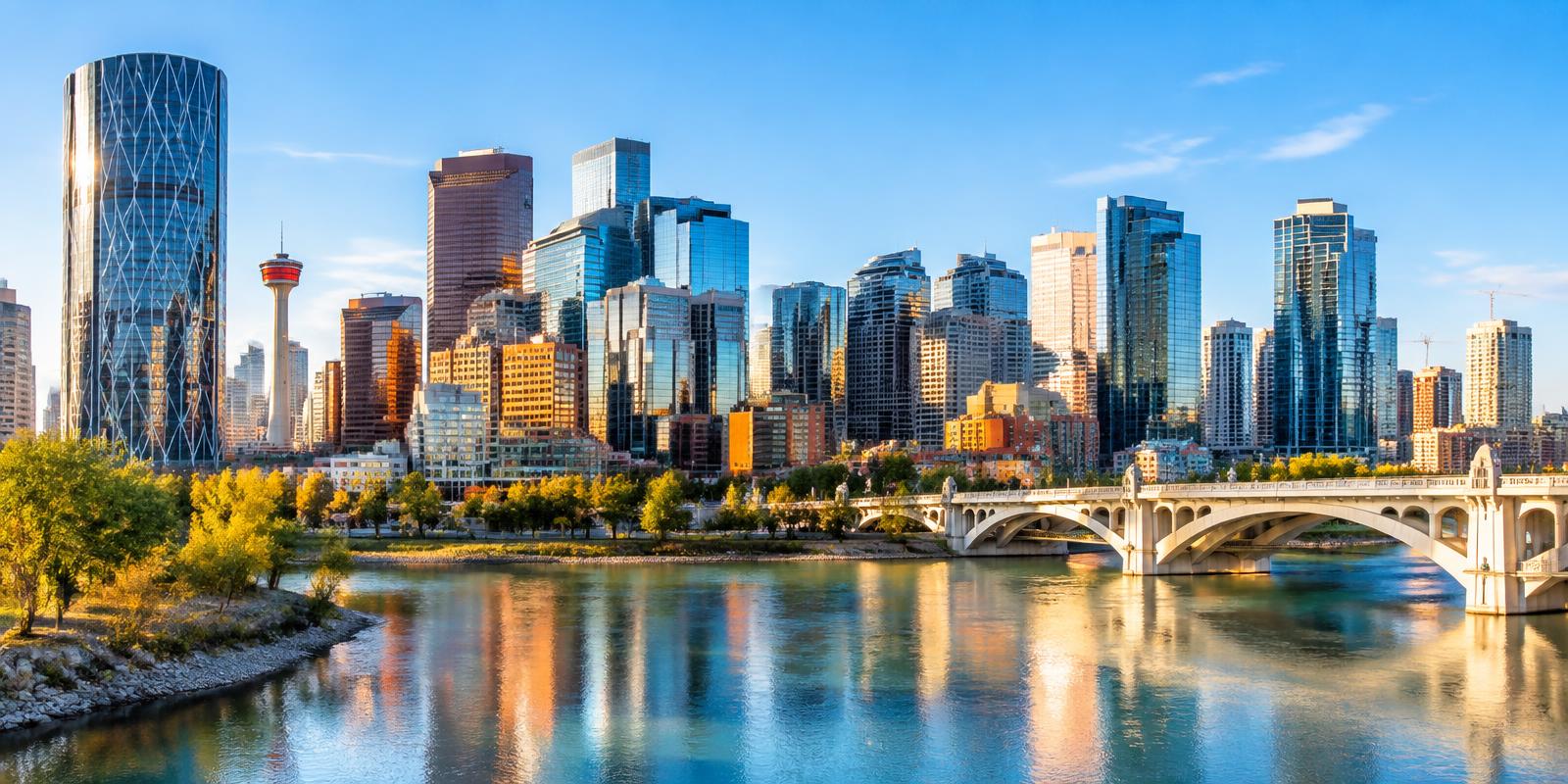 Calgary city skyline and Bow River on a bright day
